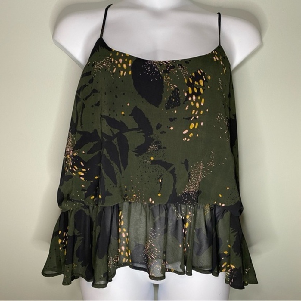 Bar III Women's Green Olive Black Ruffle Printed Spaghetti Strap Cami Size XXL